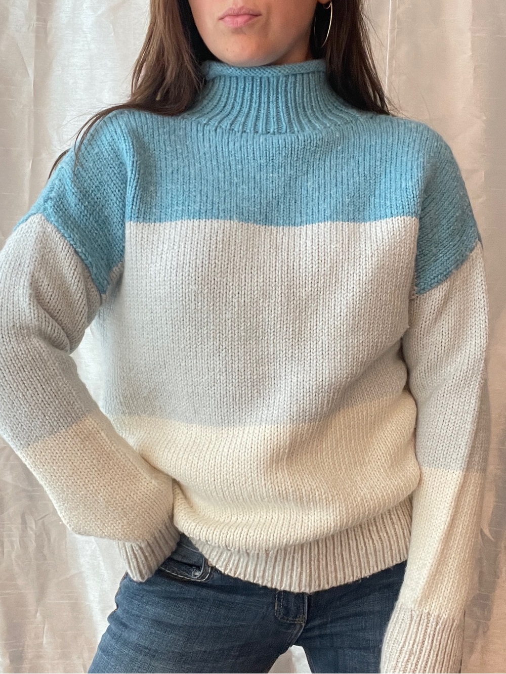Gap Roll Neck Sweater Women XS/Small Blue Striped Wool Academia Preppy Old Money
